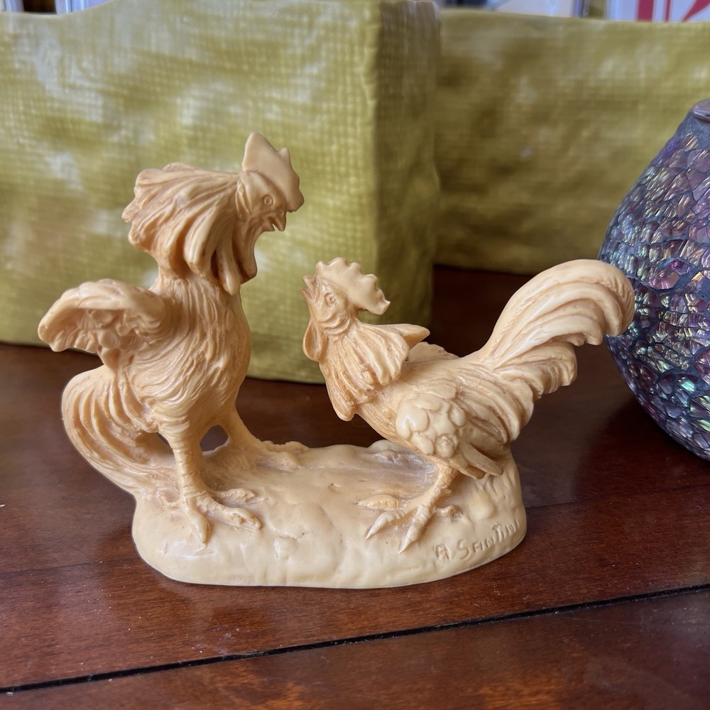 Vintage A. Santini Italy Signed Fighting Gamecocks Figurine Sculpture Folk Art